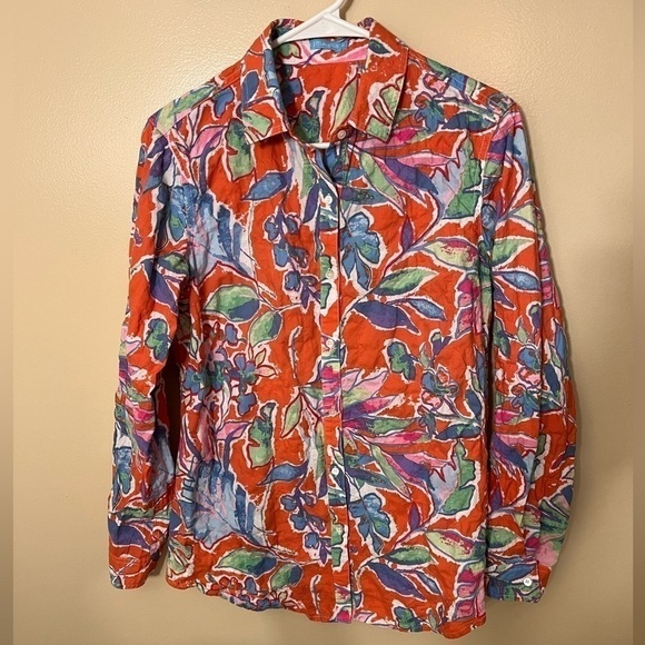 J. McLaughlin Floral Tropical Button Down Wrinkle Crinkle Shirt Sz XS - Picture 1 of 6